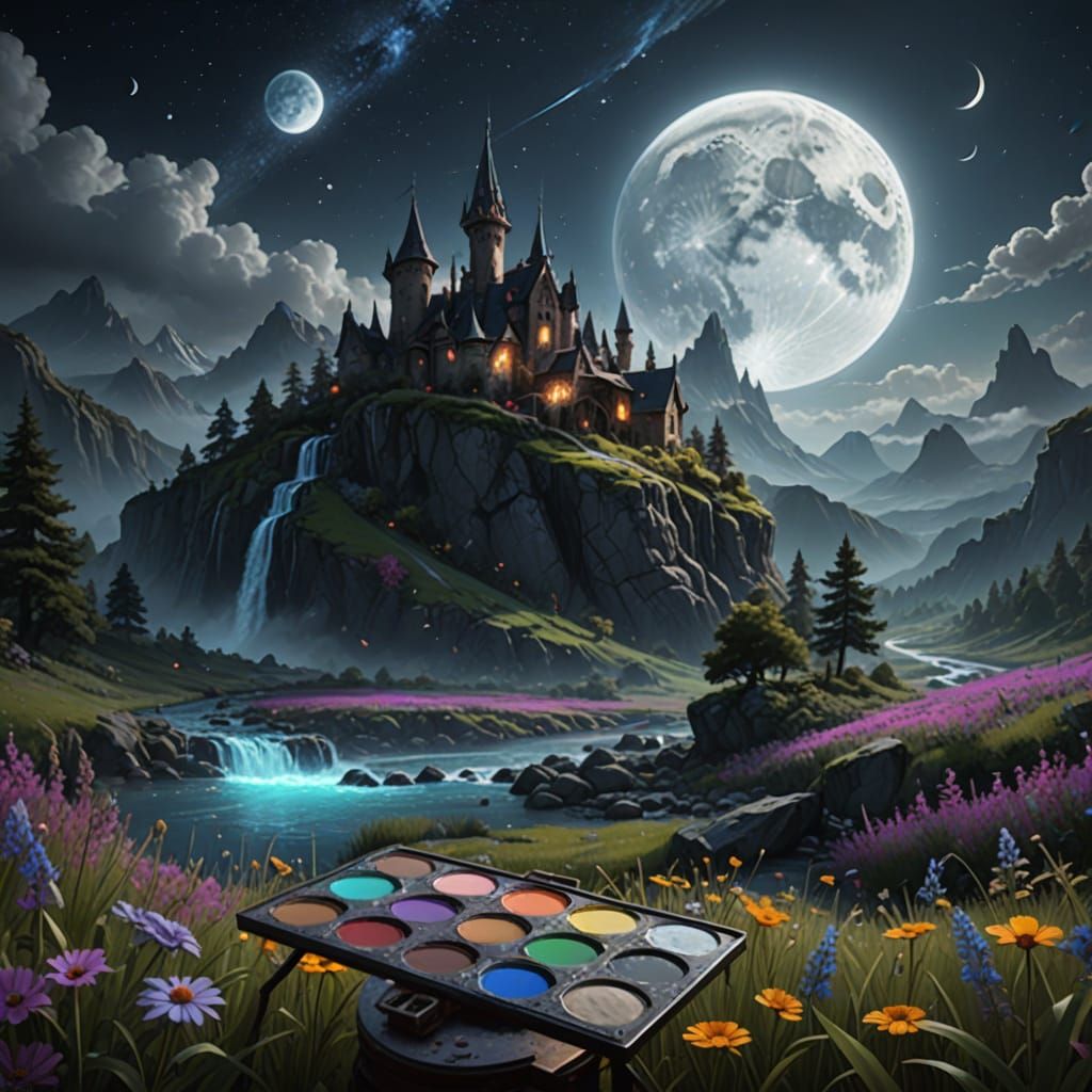 Fantasy Painter's Palette with Miniature Impressionistic Lan...