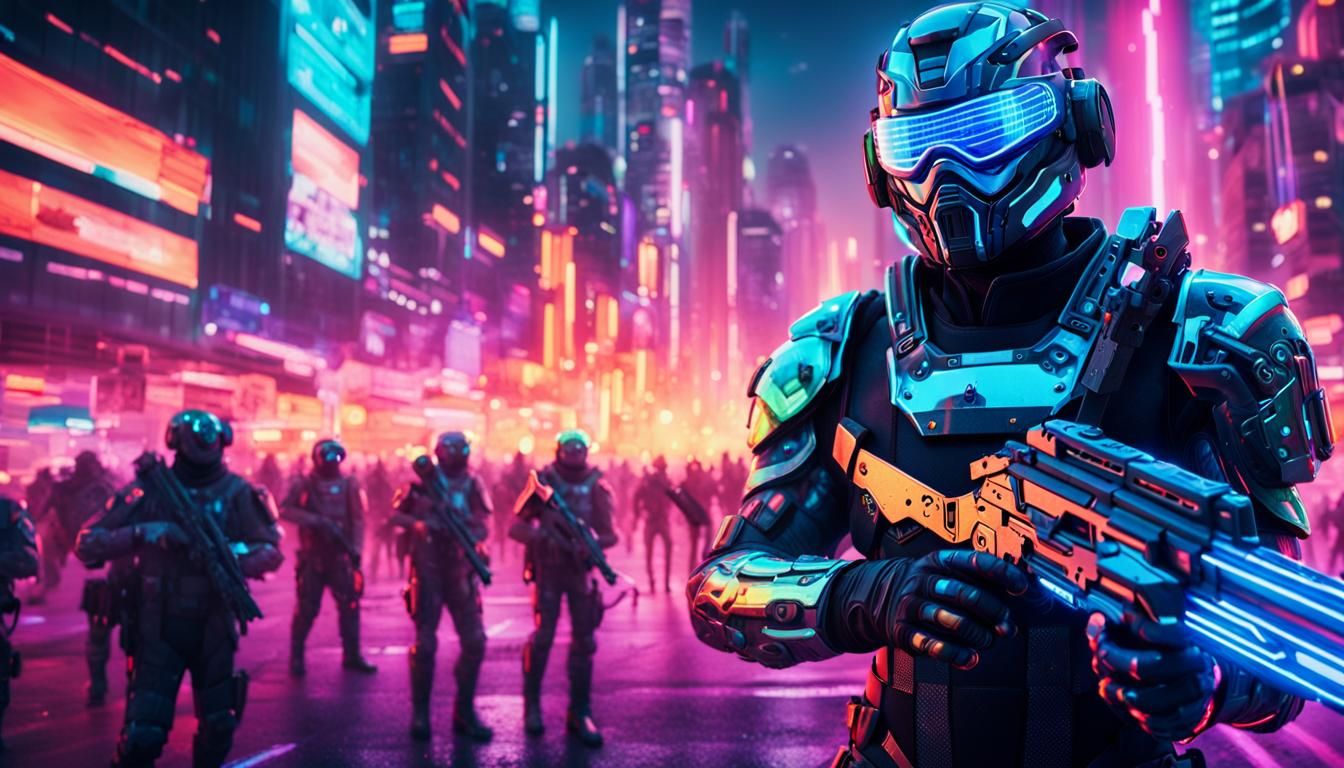 Cyberpunk Cyborg Soldier in Neon Cityscape