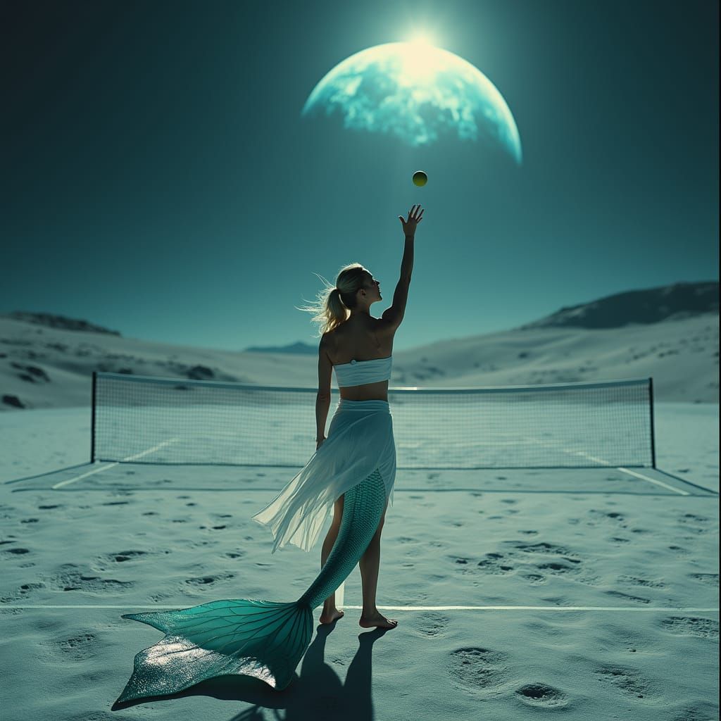 Mermaid Tennis on the Moon in Cinematic Style