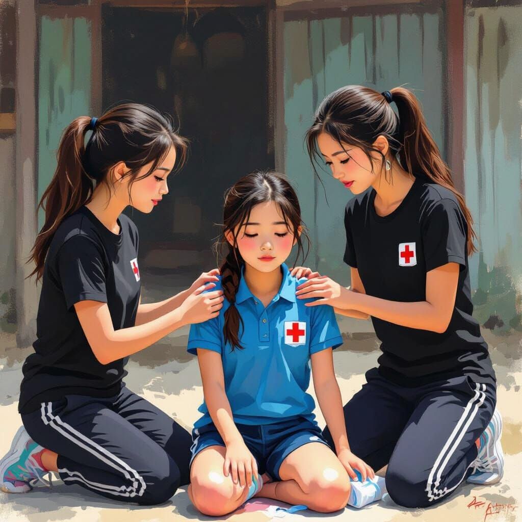Caring Red Cross Girls Provide First Aid