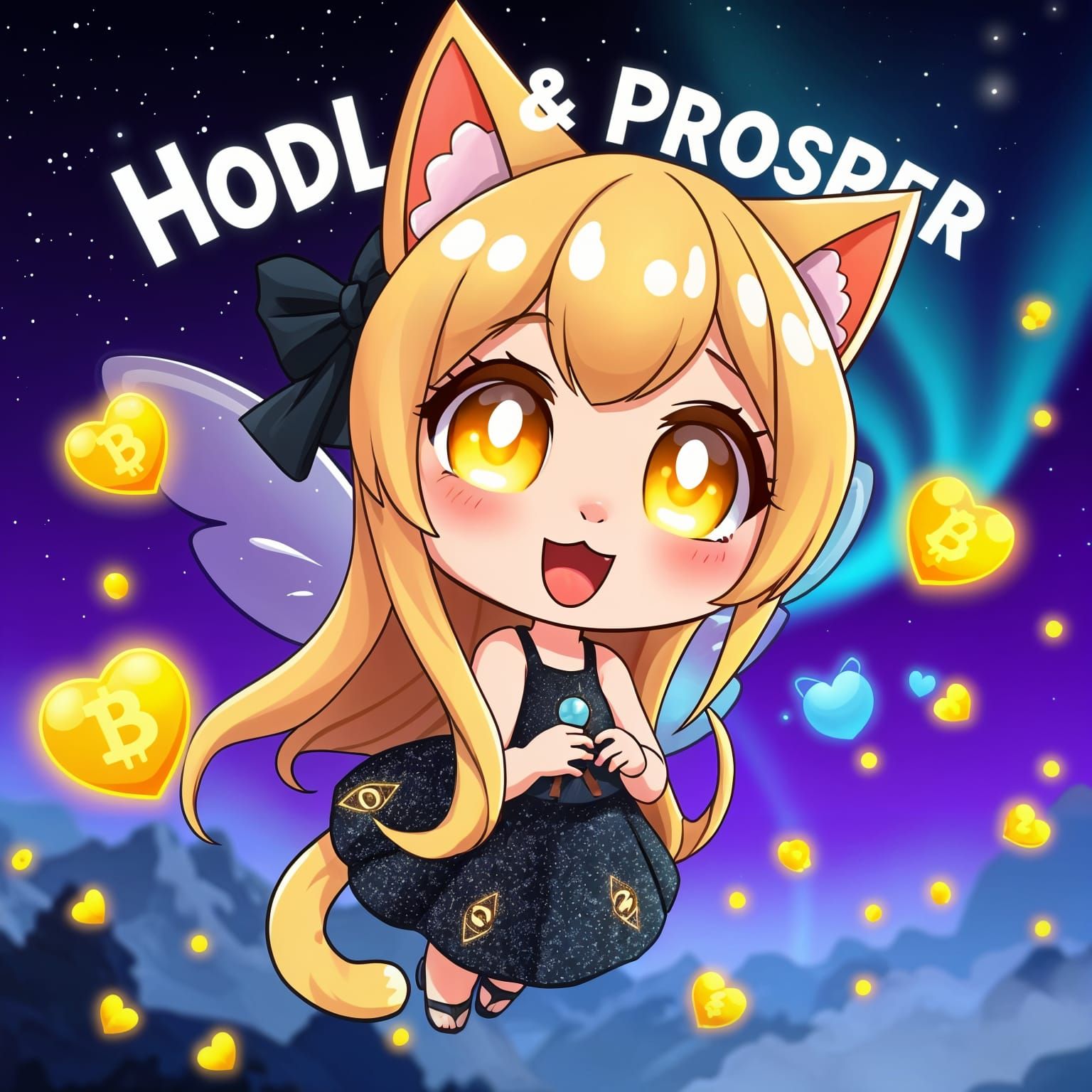 Synthwave Fairy Cat with Bitcoin and Northern Lights