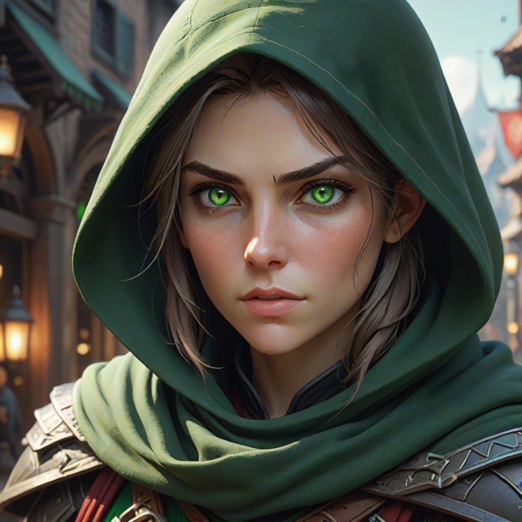 Human Female Rogue in Dark Green Cloak, Literary Character