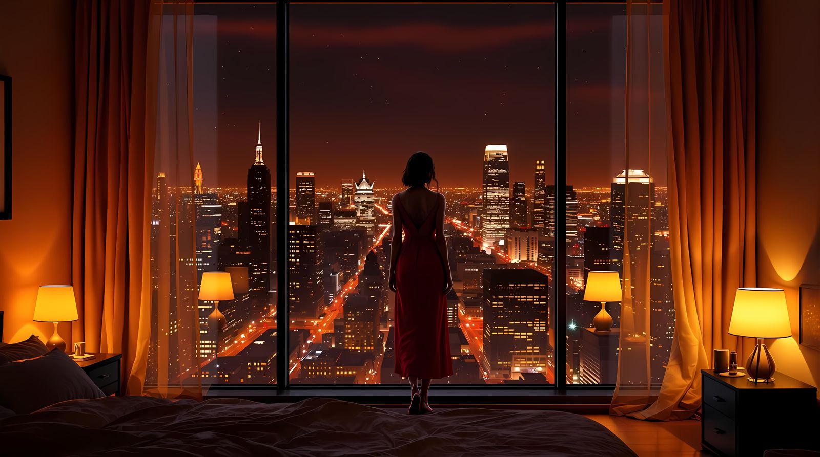 Cozy Bedroom Silhouette Amidst City Lights
