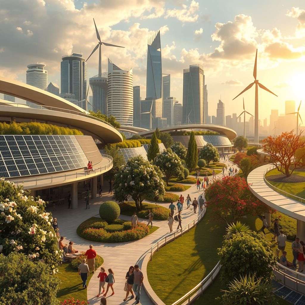 Sustainable Solarpunk Community Thrives in Golden Light