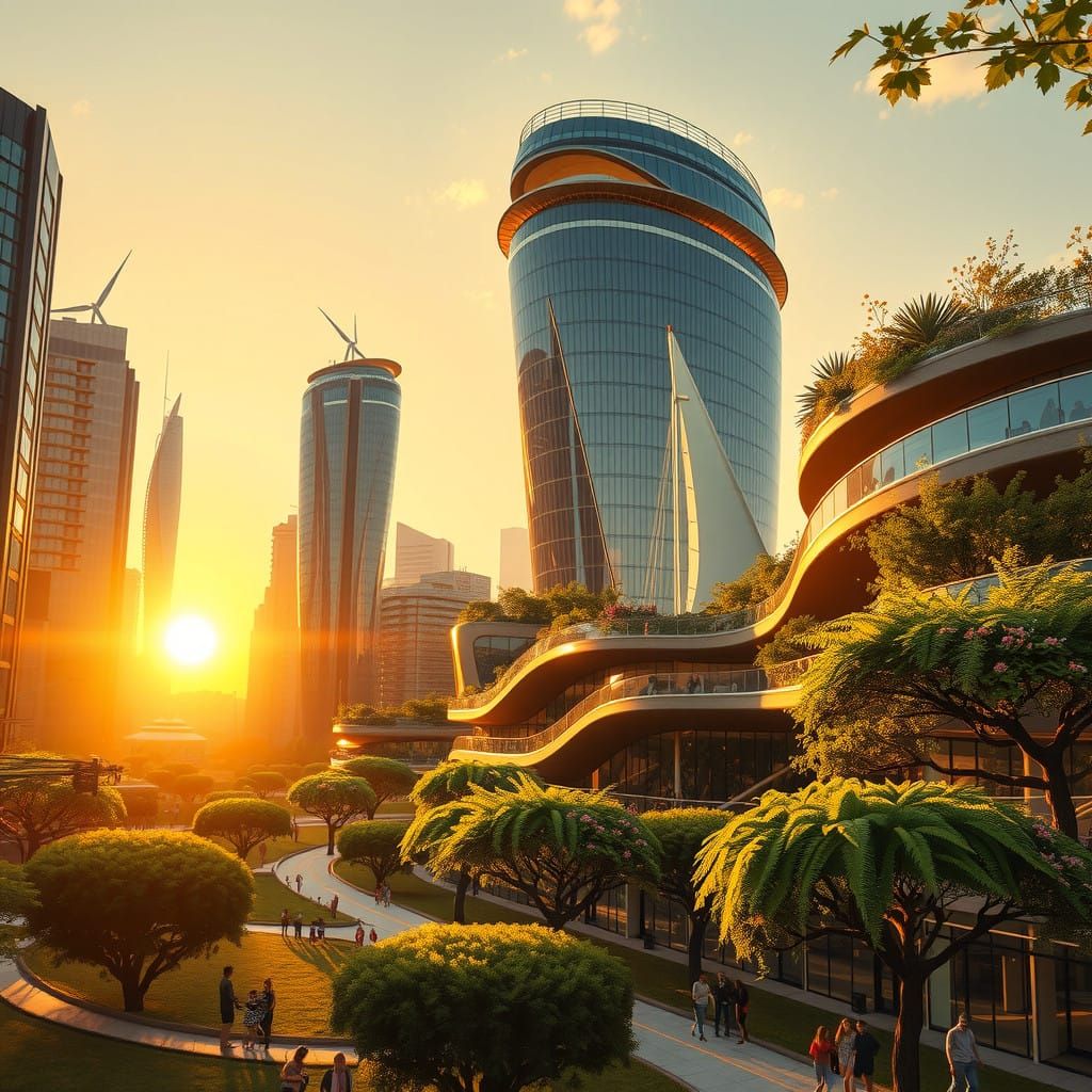 Sustainable Solarpunk City at Sunset in Contemporary Photogr...