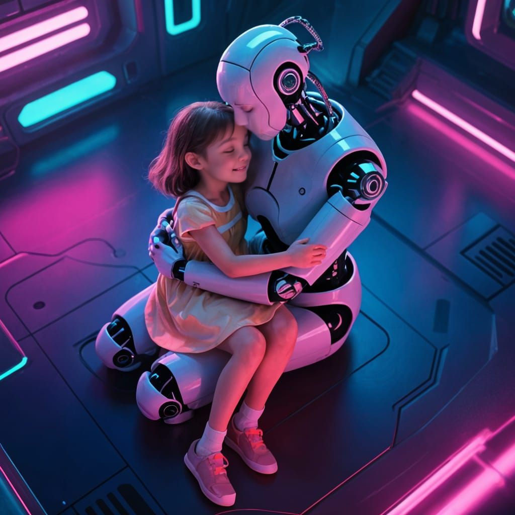 Wholesome Sci-Fi Embrace: Girl and Android in Neon Light