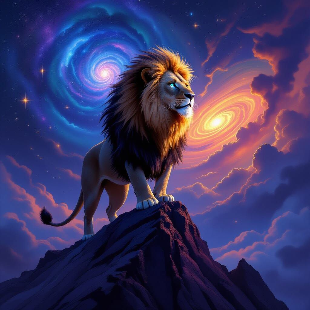 Majestic Cosmic Lion on Obsidian Peak
