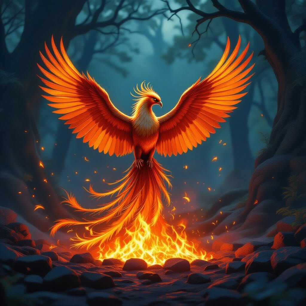 Majestic Phoenix Rises from Embers in Ancient Forest