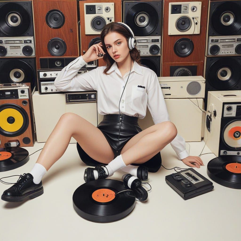 Young Woman in Retro Uniform with Vintage Electronics