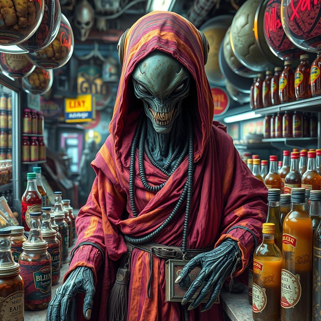 Alien Vendor in Bustling Biomechanical Marketplace
