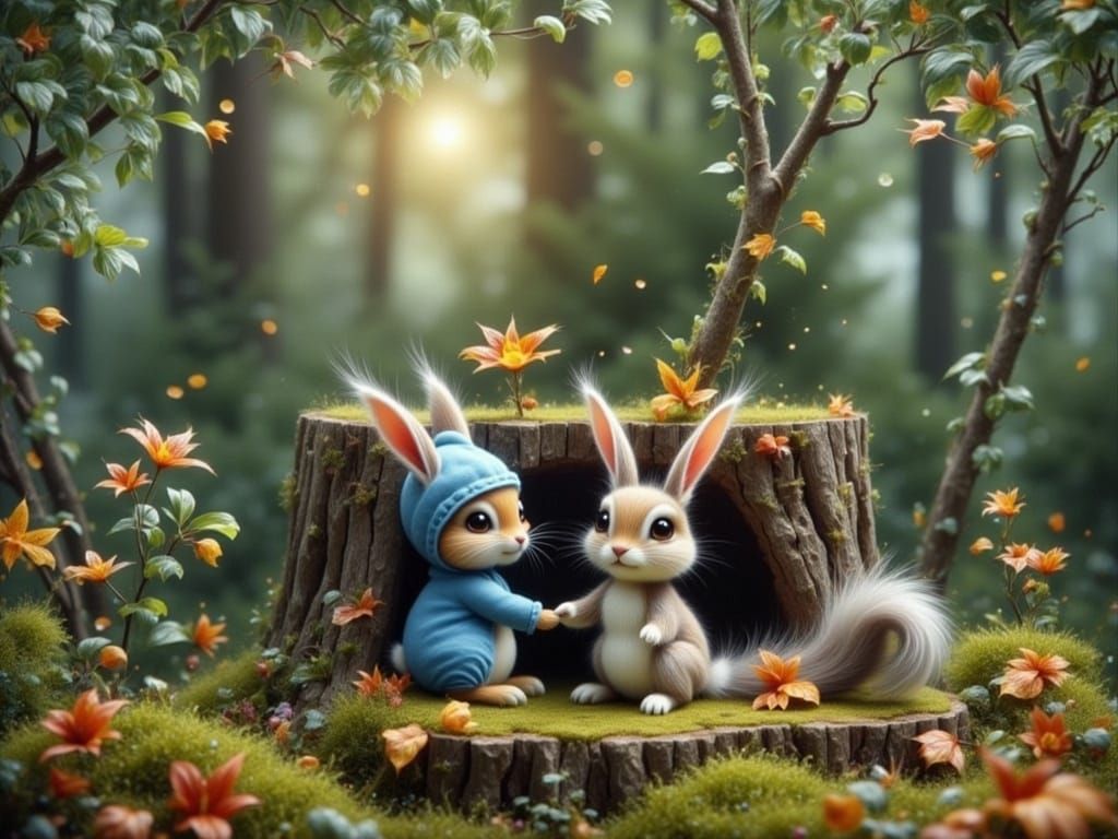 Whimsical Bunny and Squirrel in Autumn Sunlight