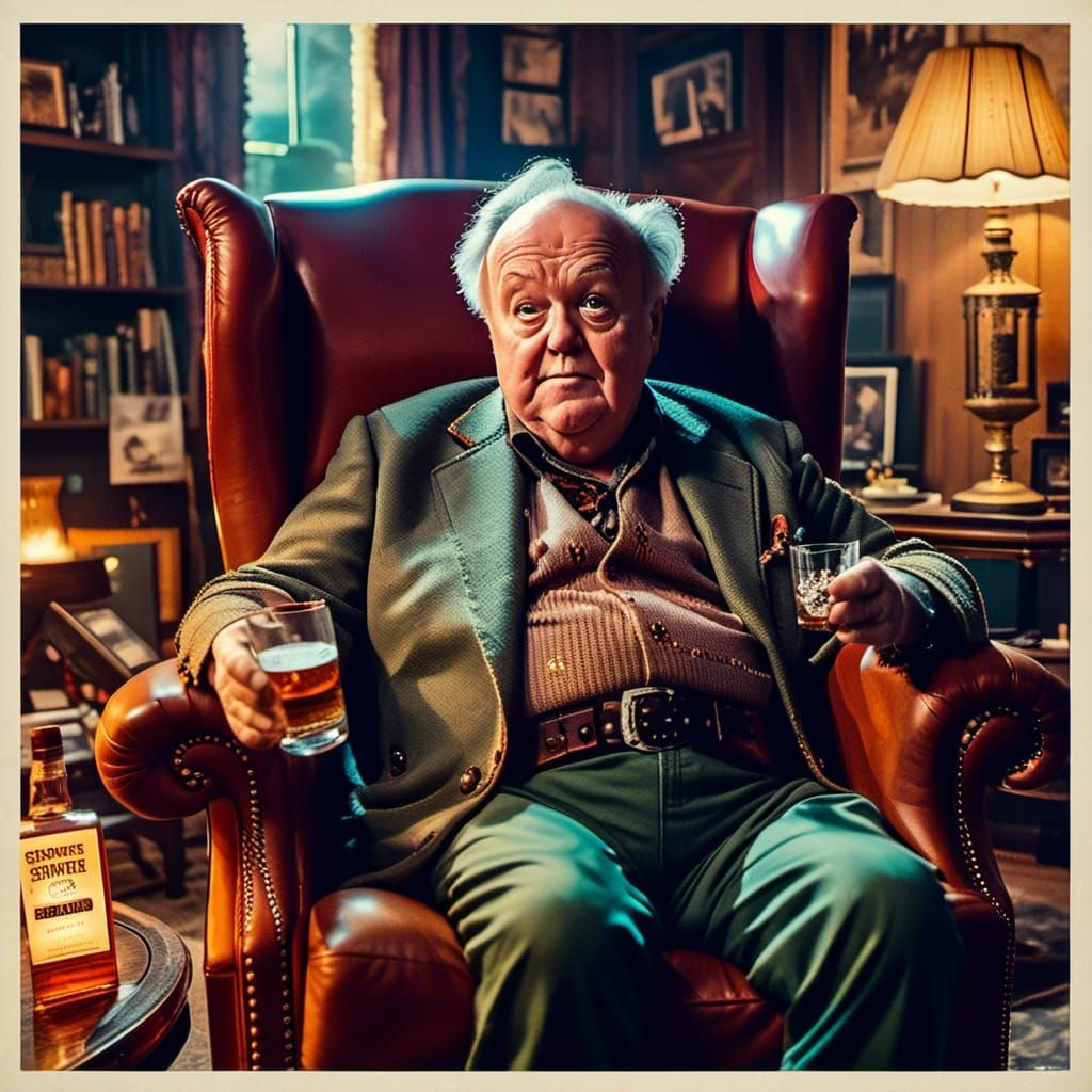 archie bunker sitting in his iconic recliner drinking a whiskey <lora:Stunning:1.0>