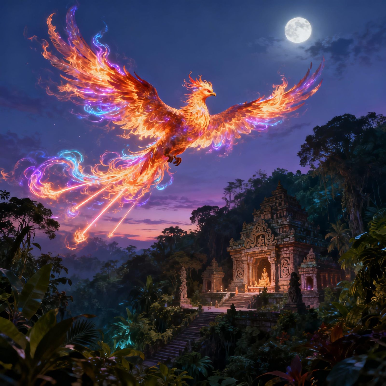 Majestic Phoenix Soars Through Twilight Sky in Fantasy Art S...