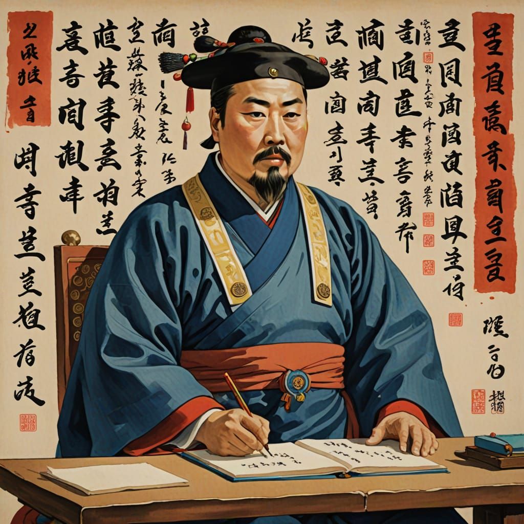 King Sejong Creates Hangul Alphabet in Vibrant Impressionist...