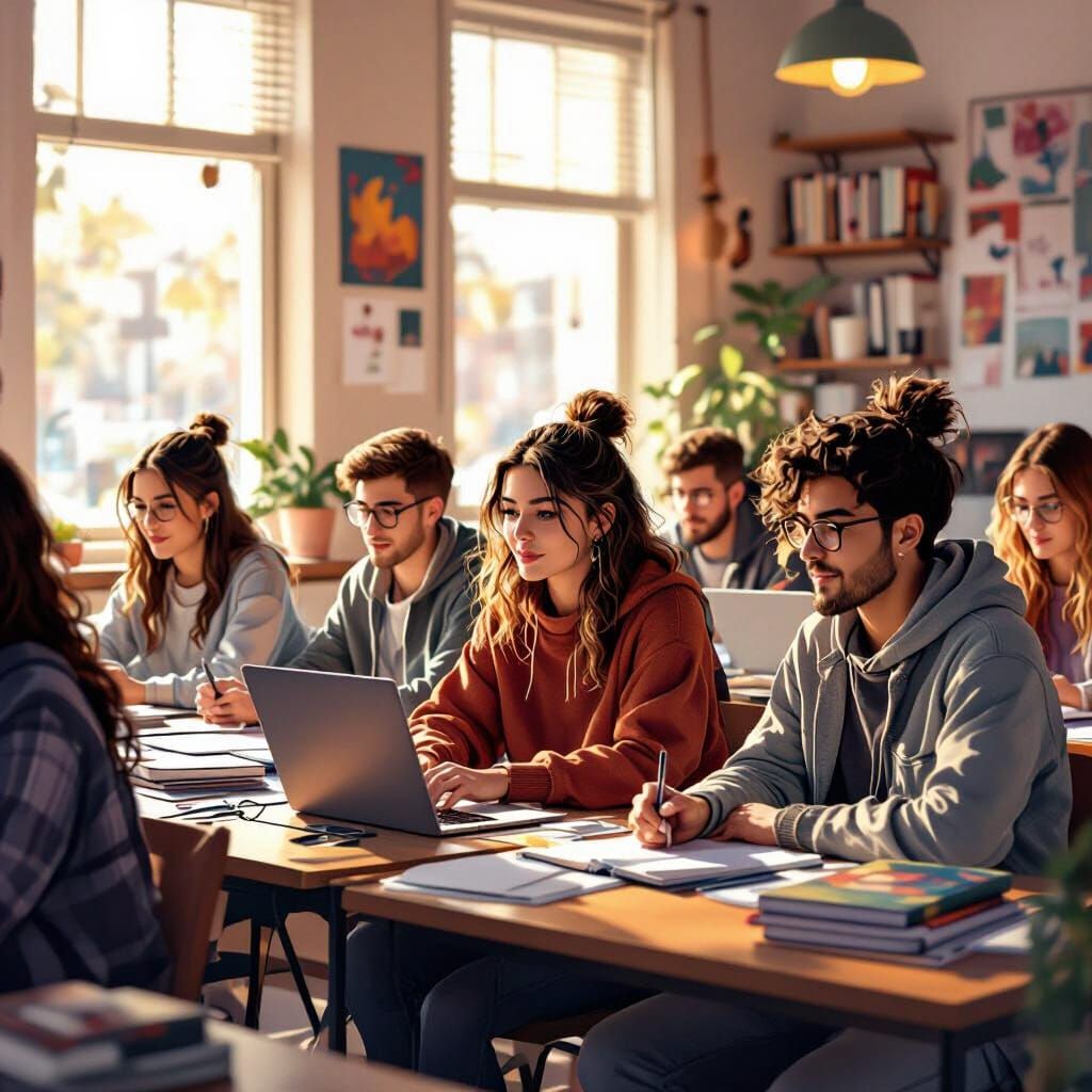 Cozy College Classroom Scene in Digital Painting Style