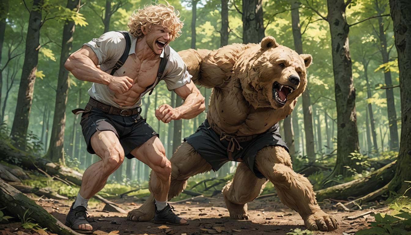 German Man Wrestling a Bear in 3D Anime Style