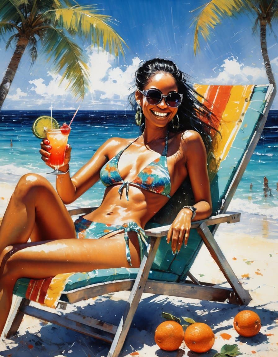 Smiling Woman Lounges on Beach in Abstract Art Style