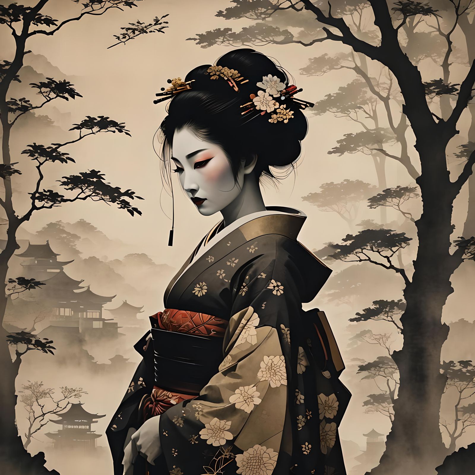 Mysterious Geisha Silhouette Under Storybook Stars