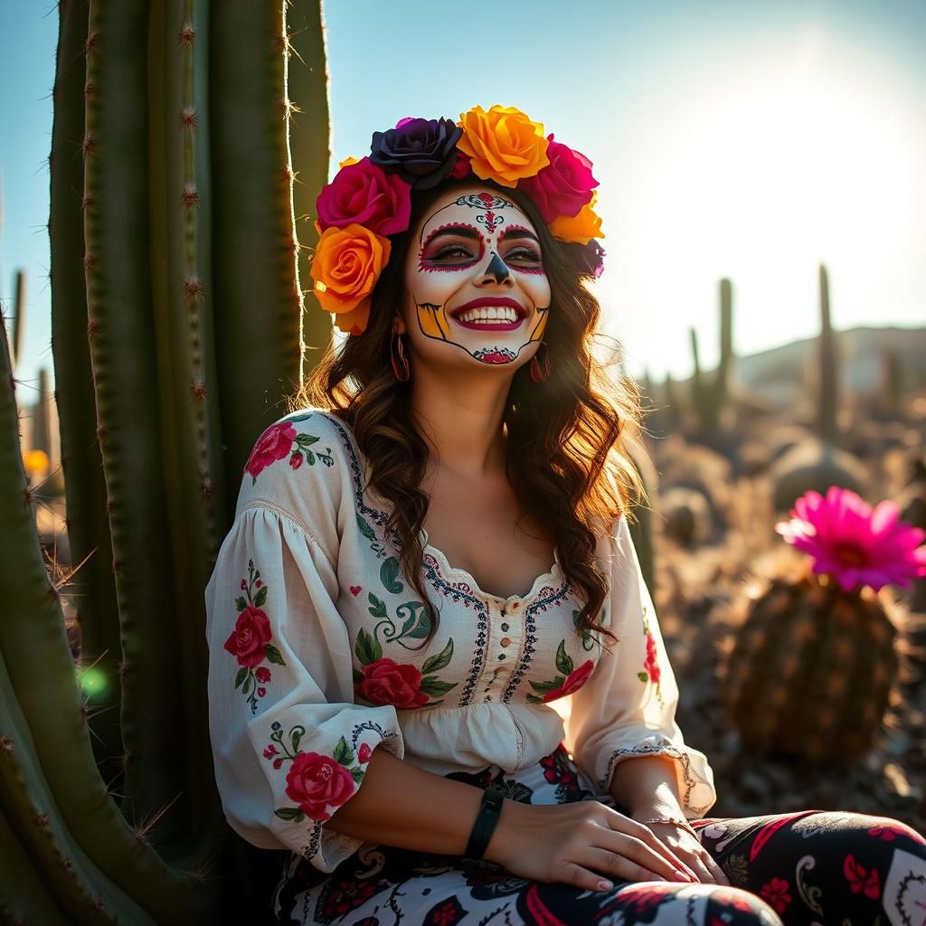 Day of the Dead Woman Laughing in Cactus Garden