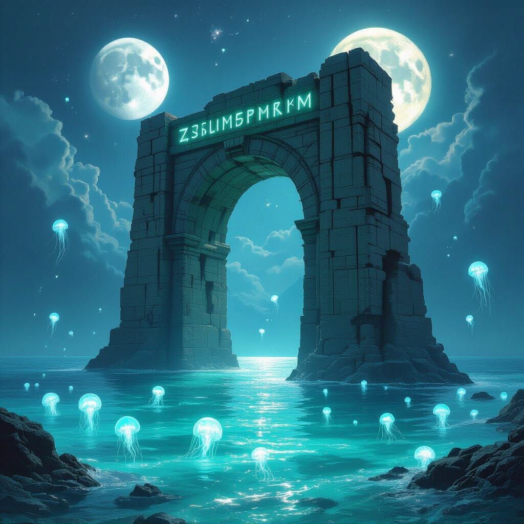 Glowing Runes on Ancient Archway in Turquoise Sea