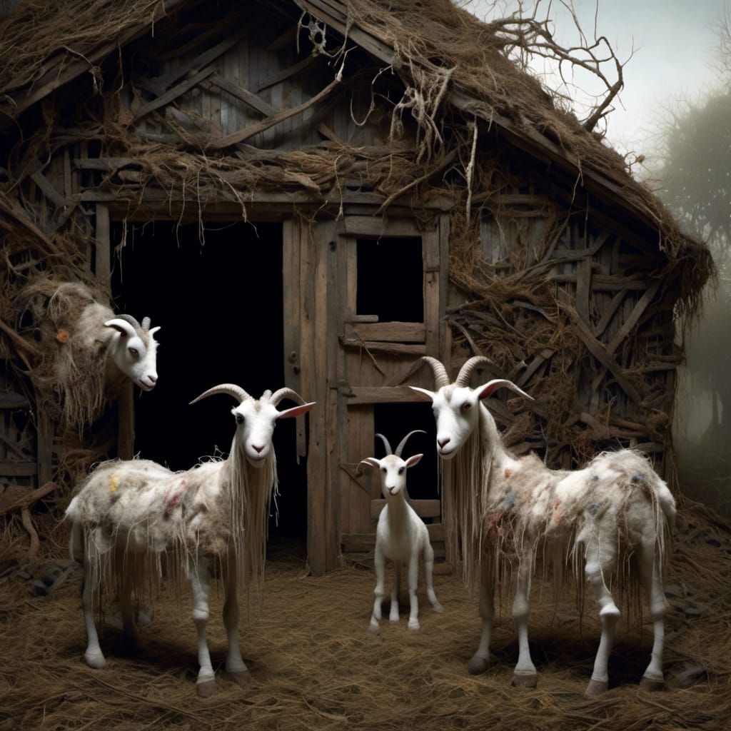 Creepy Goats Guard Ruined Barn: Dark Fantasy Art