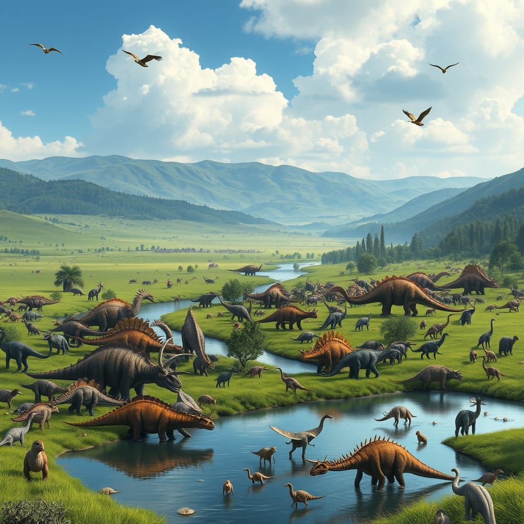 Lush Prehistoric Valley with Dinosaurs in Anime Style
