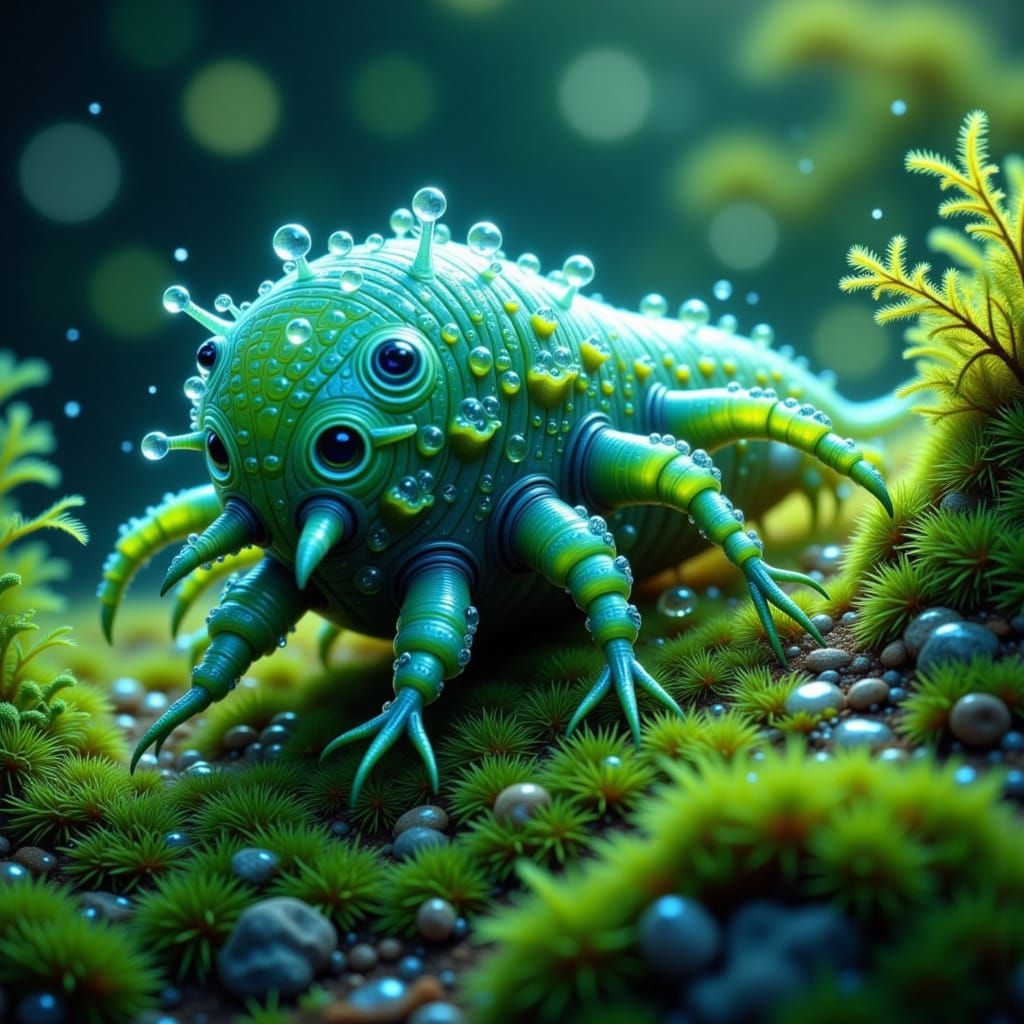 Microscopic Tardigrade Amidst Moss and Water Droplets