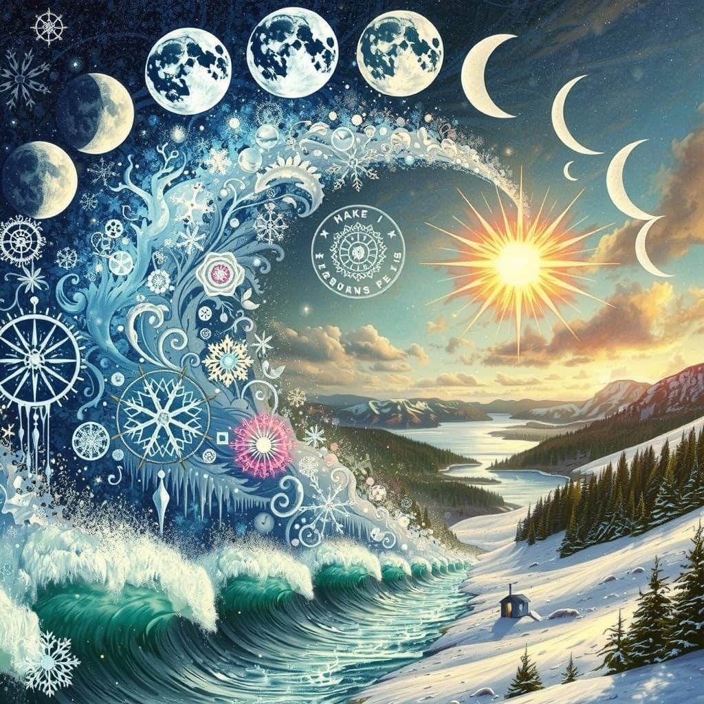 A vibrant, surreal landscape depicting a cosmic interplay of celestial bodies and nature's forces.  Phases of the moon, ...