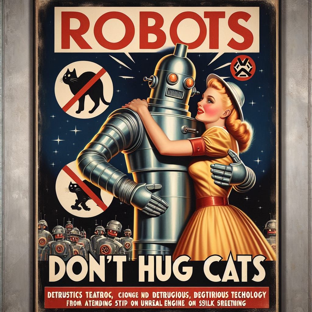 Vintage Anti-Robot Propaganda Poster, Airbrush Art