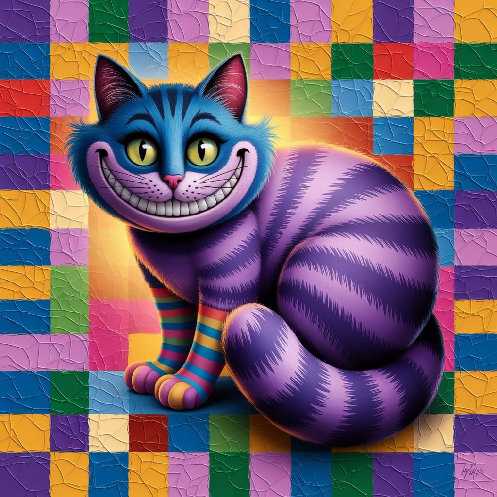 Cheshire Cat with Mischievous Grin on Colorful Quilt