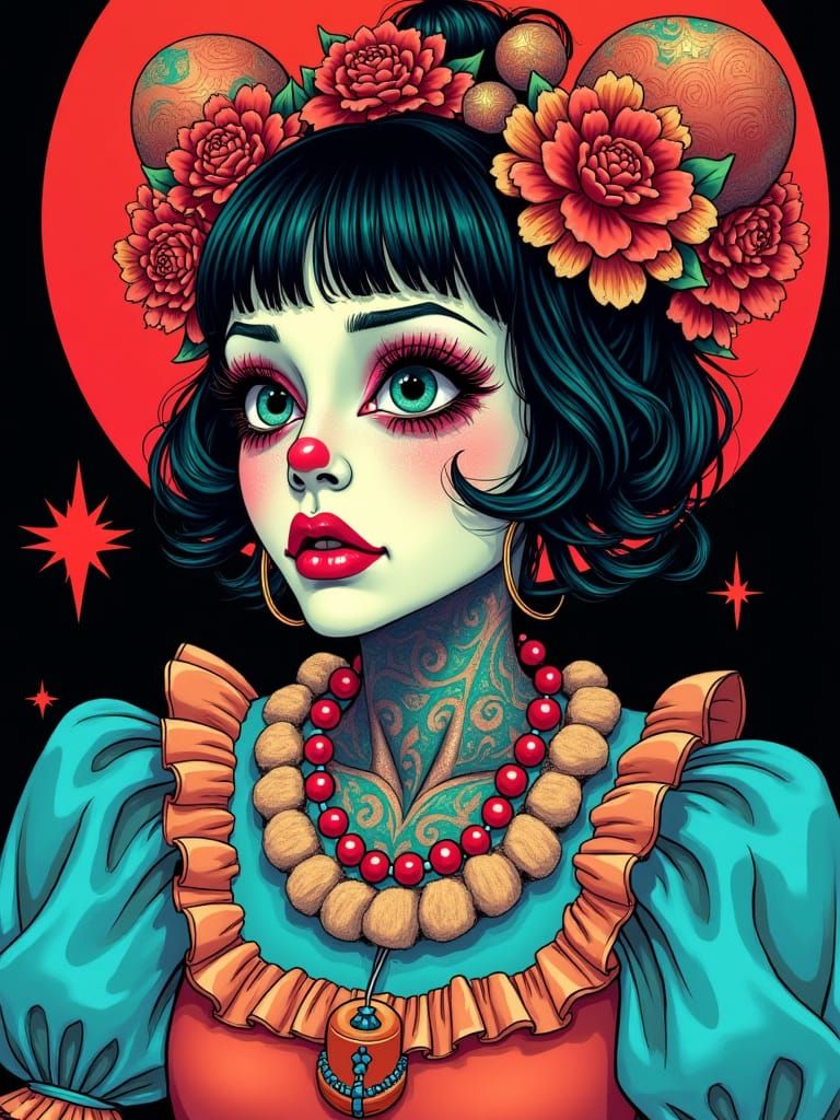 Japanese Tattooed Clown: Hyperrealistic Pop Art Illustration