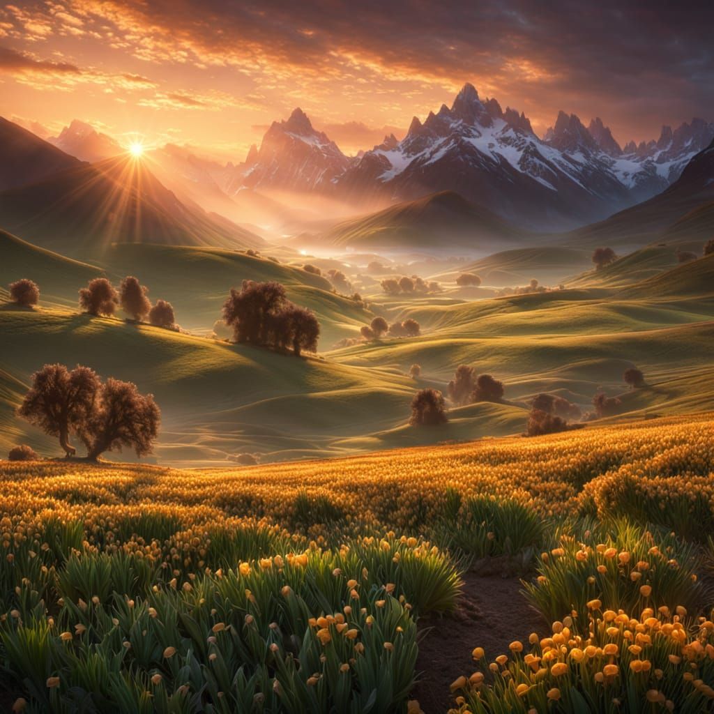 Golden Morning Landscape with Misty Fields