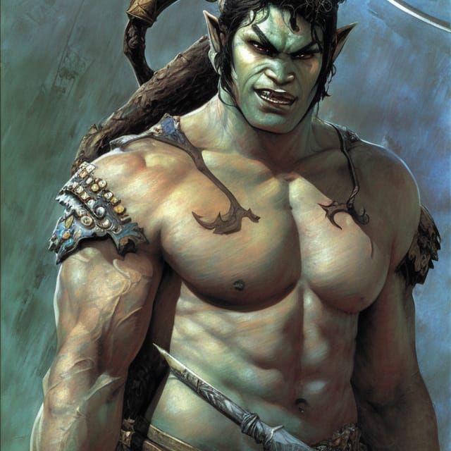 Half-Orc Barbarian Portrait in Comic Book Style