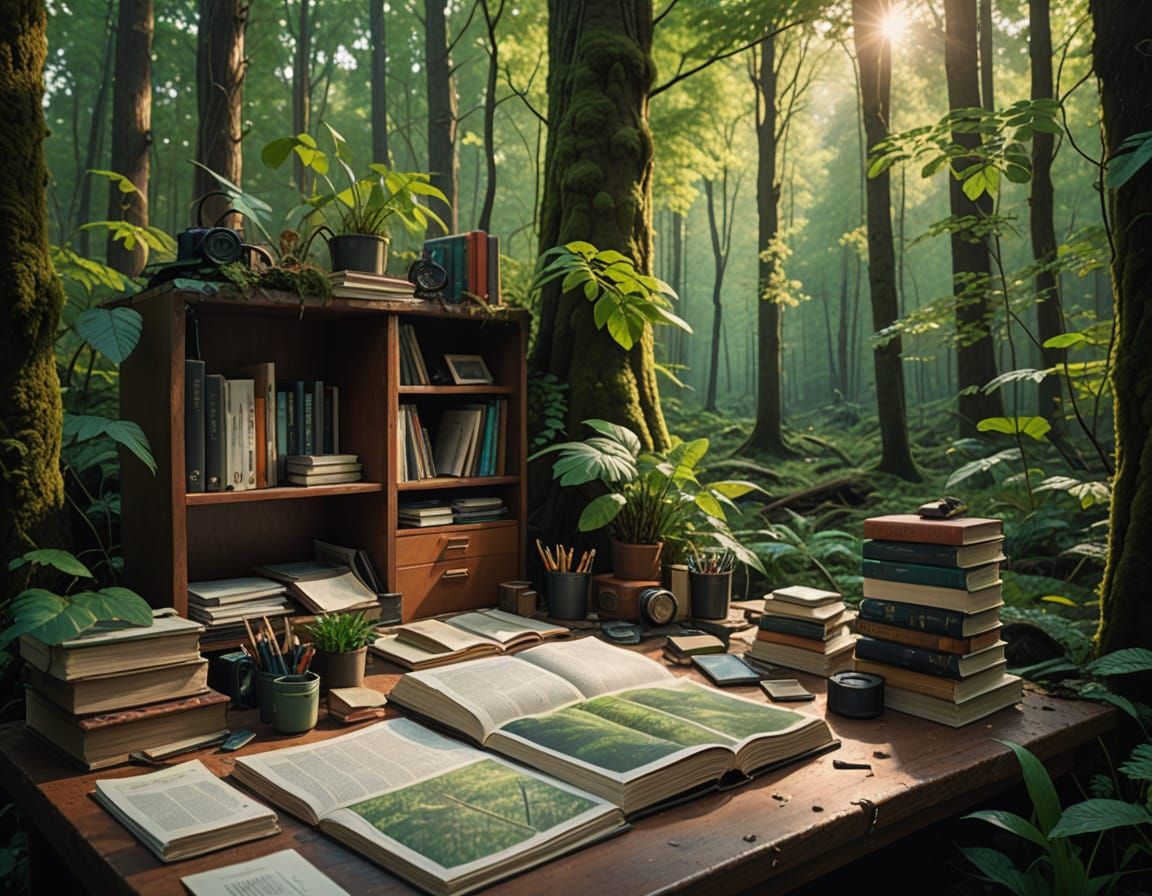 Hyperrealistic Office Desk in Forest, McCurry Style