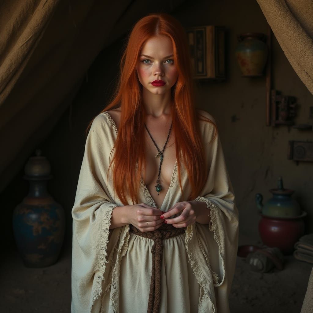 Ethereal Redhead Sorceress Channels Ancient Magic in a Muted...
