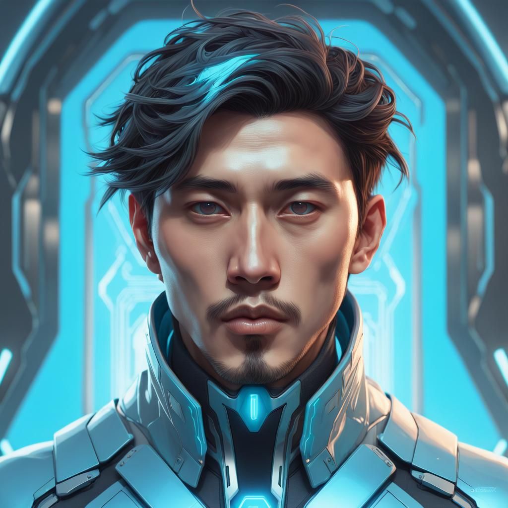 Futuristic Asian Man with Blue Energy, Hyperdetailed Portrai...