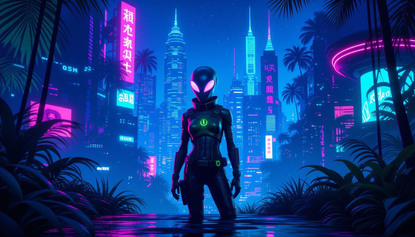 Psychedelic Alien in a Neon Jungle City