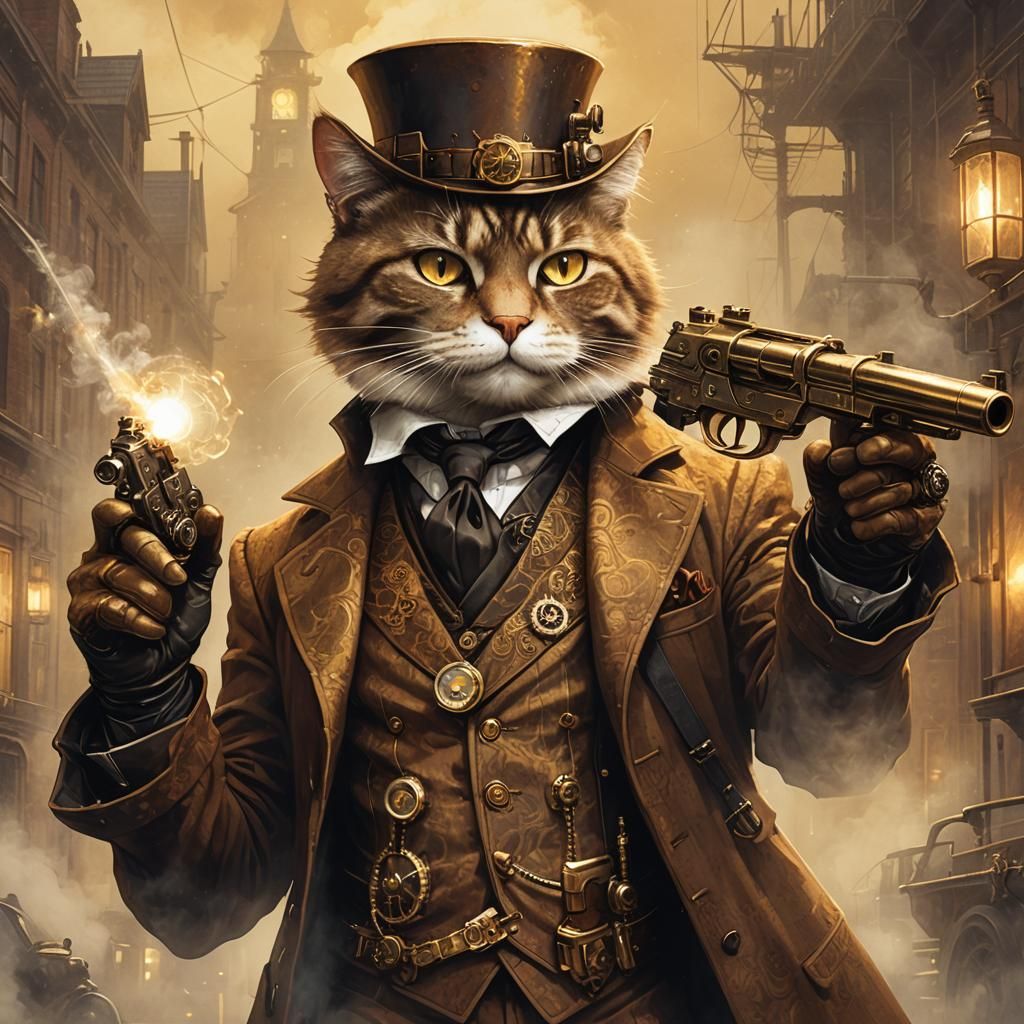 Steampunk Cat Character with Brass Gun