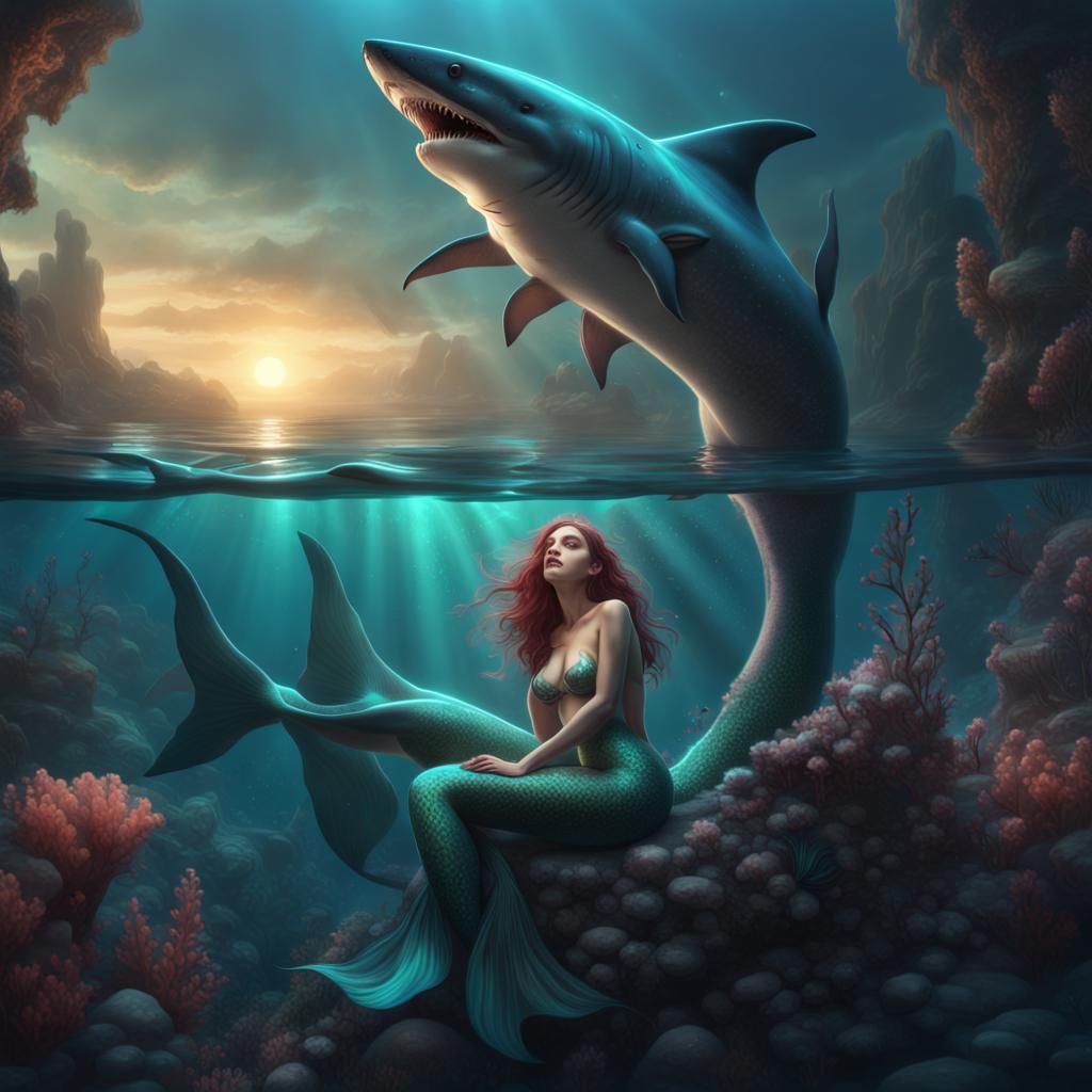 Translucent Mermaid Embracing Glowing Shark in Fantasy Seasc...