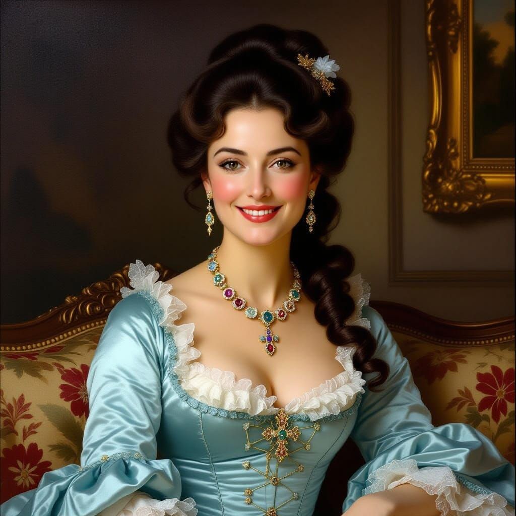 18th Century Noblewoman in Blue Gown on Couch