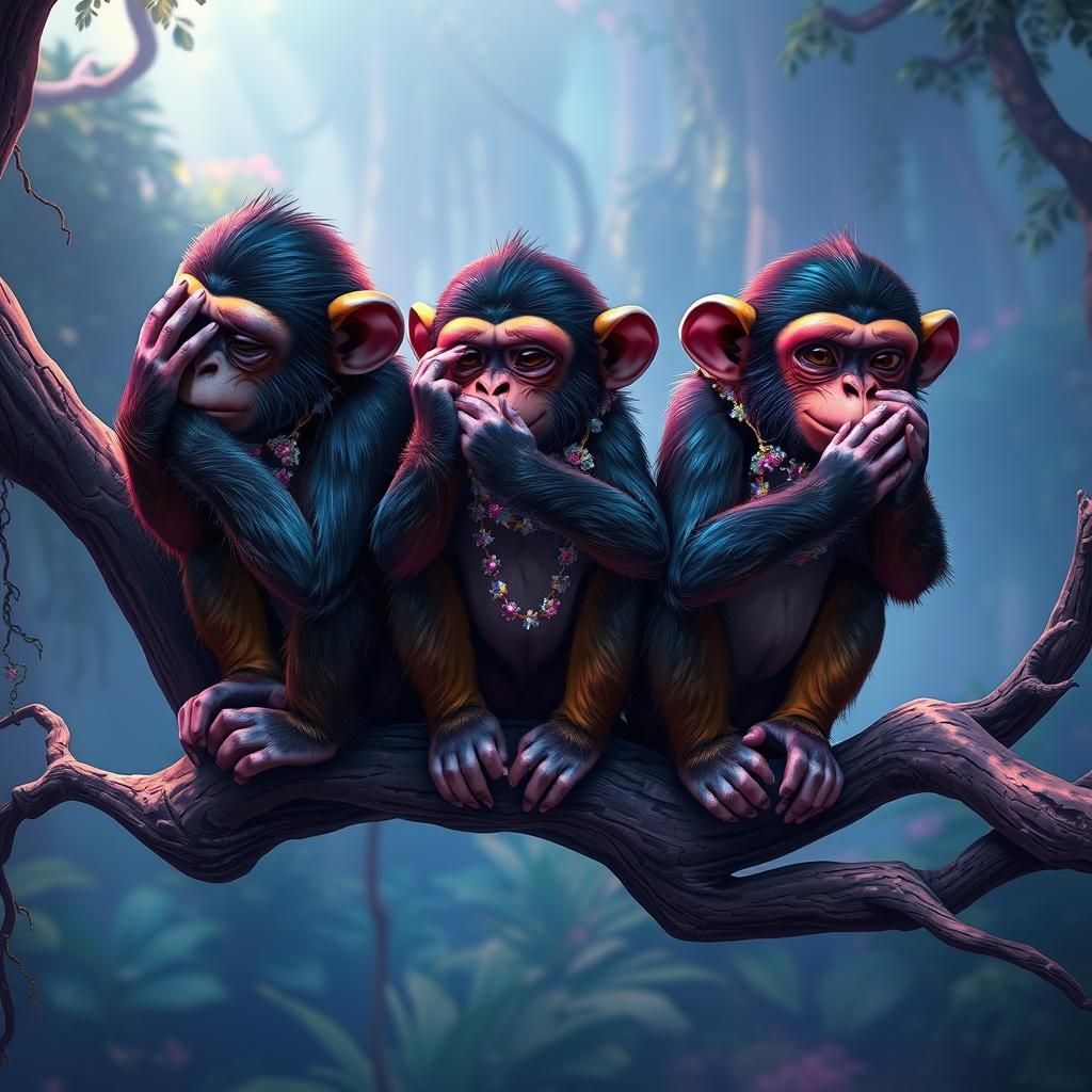 Colorful Chimpanzees in Dreamlike Jungle, Fantasy Art