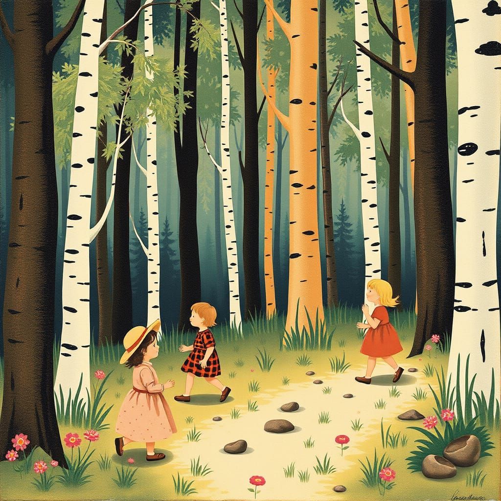 Children Playing in Woods, Retro Folk Art
