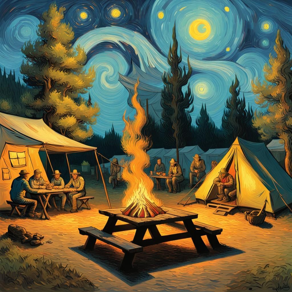 Campsite Picnic Under the Stars in Van Gogh Style