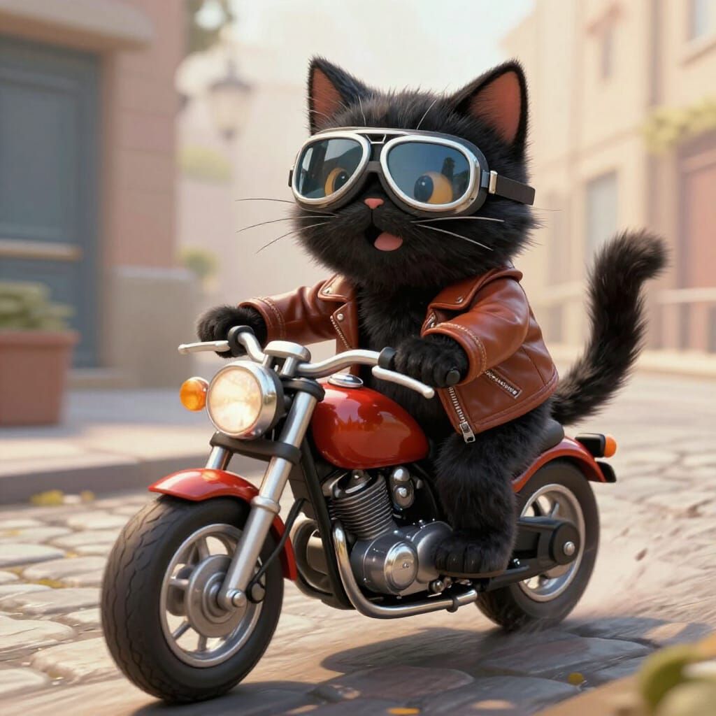 Fluffy Cat Rides Motorcycle in Whimsical Illustration Style