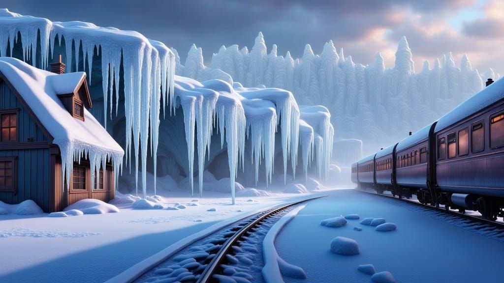 Icy Trainscape at Twilight in Matte Painting Style