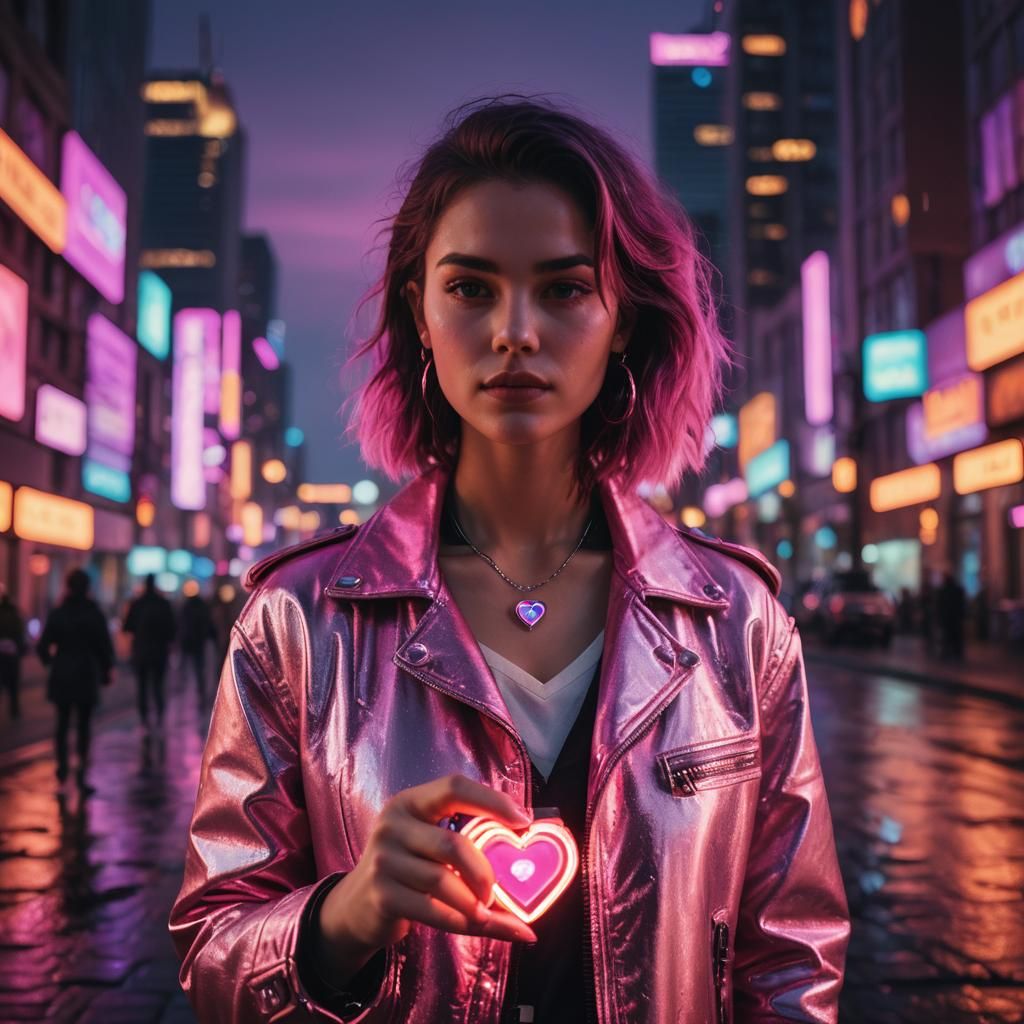 Synthwave Woman with Glowing Heart in Neon Cityscape