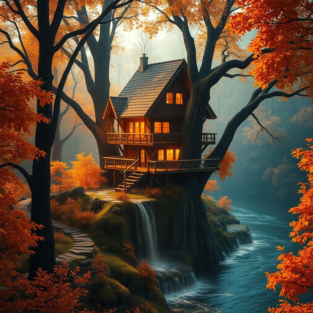 Fantastical Treehouse Sanctuary in Autumn Woods