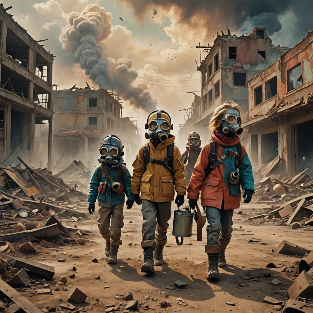 Happy Children in Dystopian Wasteland Illustration