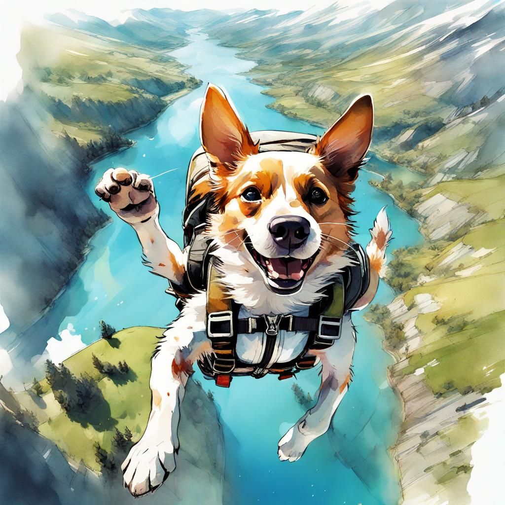 Dog Skydiving Over Valley in Watercolour Style