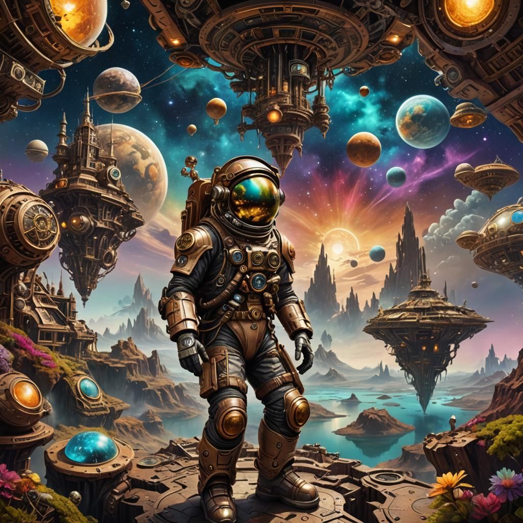 Steampunk Astronaut on Alien Landscape